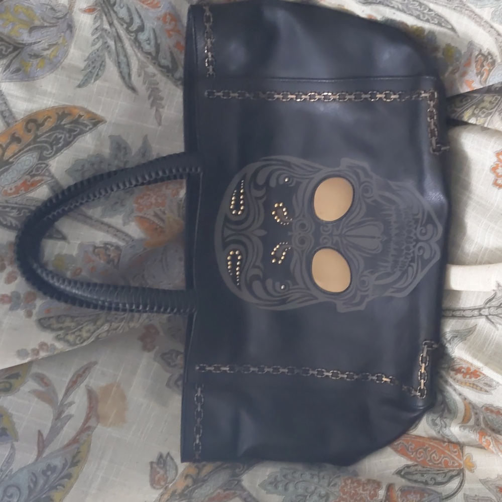 New Nada Sawaya soft black leather sugar skull dia de los muertos satchel tote
